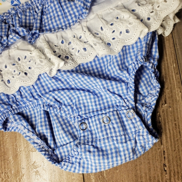 Rare Editions White, Blue, Yellow Floral Lace Baby Bodysuit Bubble Romper Sz 6m - Picture 10 of 14